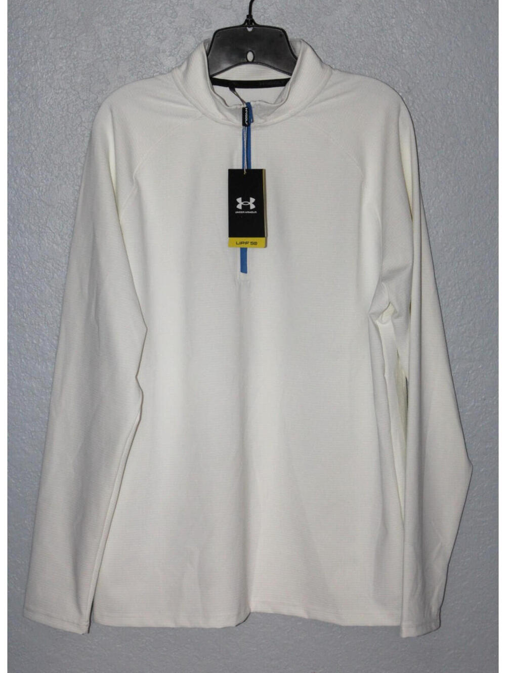 NEW Men LARGE Under Armour Golf Fusion Ottoman 1/4 Zip White / Blue Trim / NWT